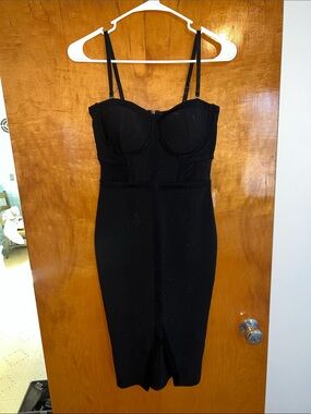 Black Bustier Midi Dress with Mesh Side Panels